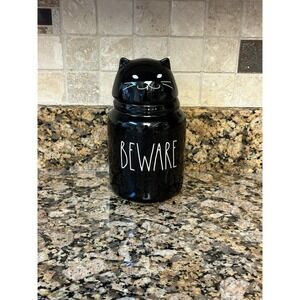 Rae Dunn Black BEWARE figural Spooky Cat Halloween Baby canister Cookie Jar NEW